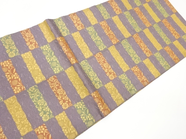  あらいそ製　縞・横段に青海波・花葉模様織出し開き名古屋帯（額縁仕立て）